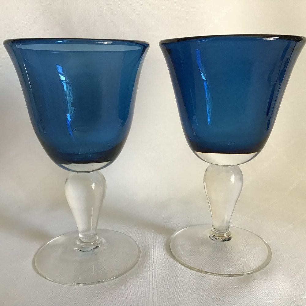 Pair Handblown Glass Wine Goblets Glasses Blue with Clear Base